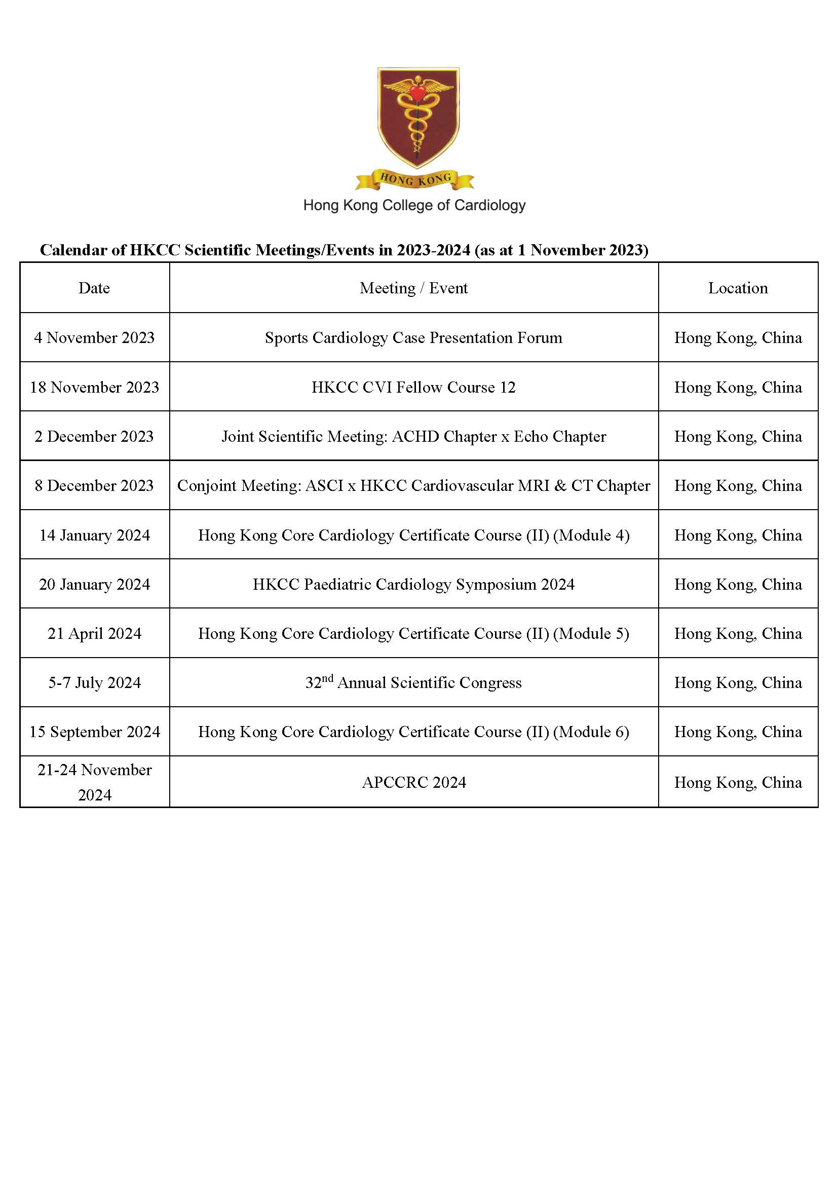 Calendar of HKCC Scientific Meetings / Events in 2023 (as at 22 Sep 2023)