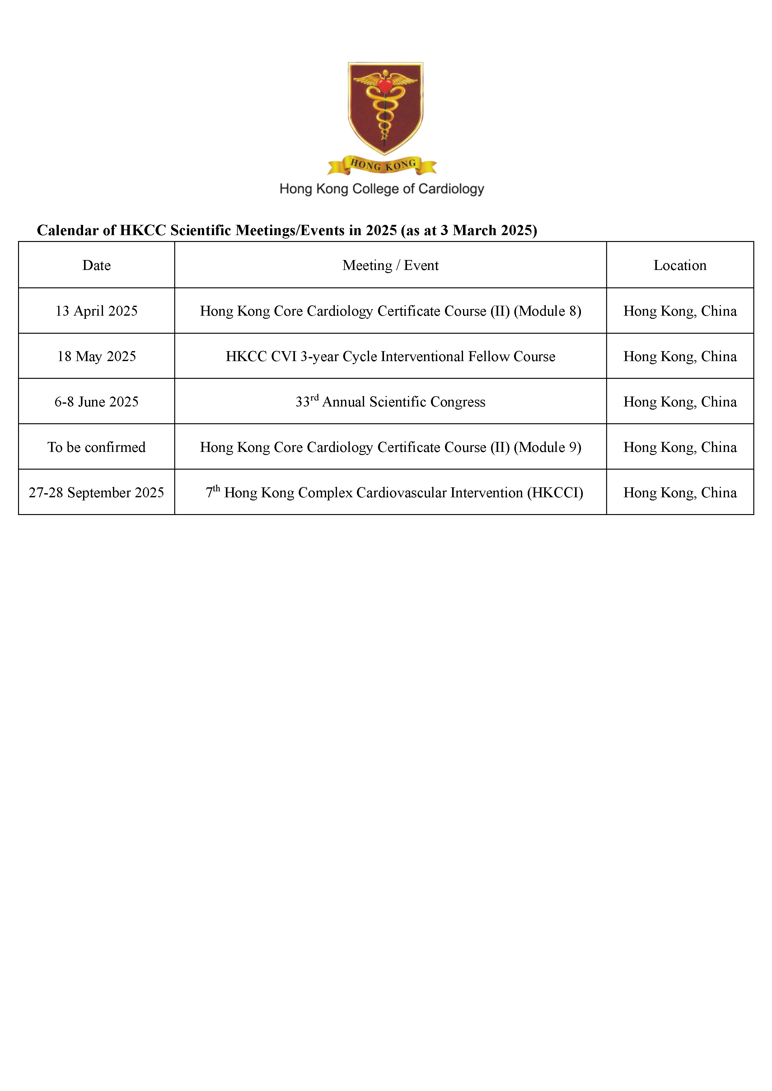 Calendar of HKCC Scientific Meetings / Events in 2024 (as at 3 March 2025)